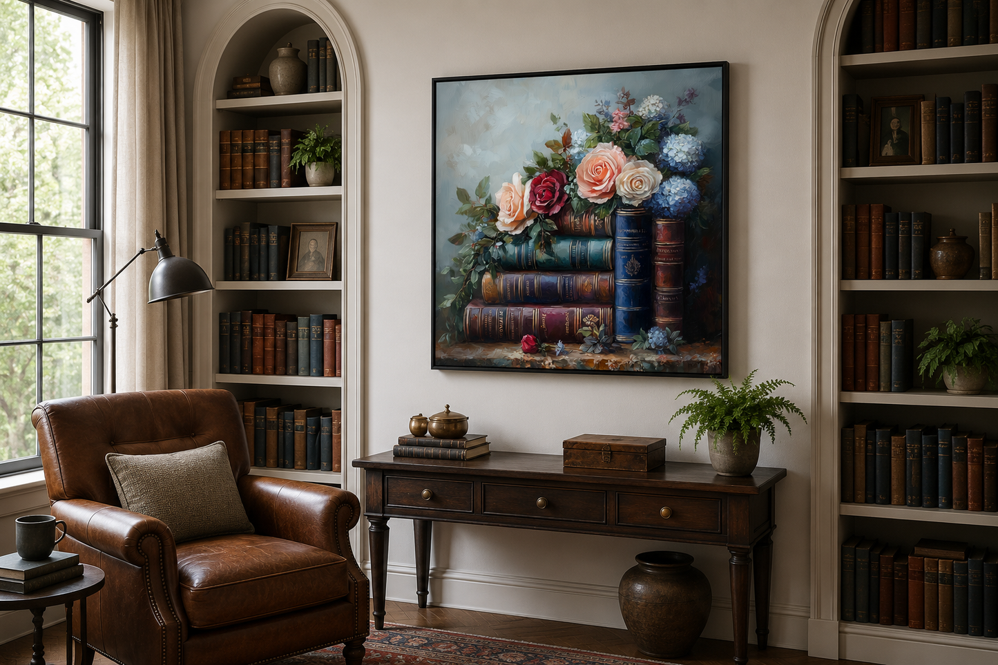 Stack Of Books And Pretty Flowers Framed Canvas Wall Art For Home Library Decor