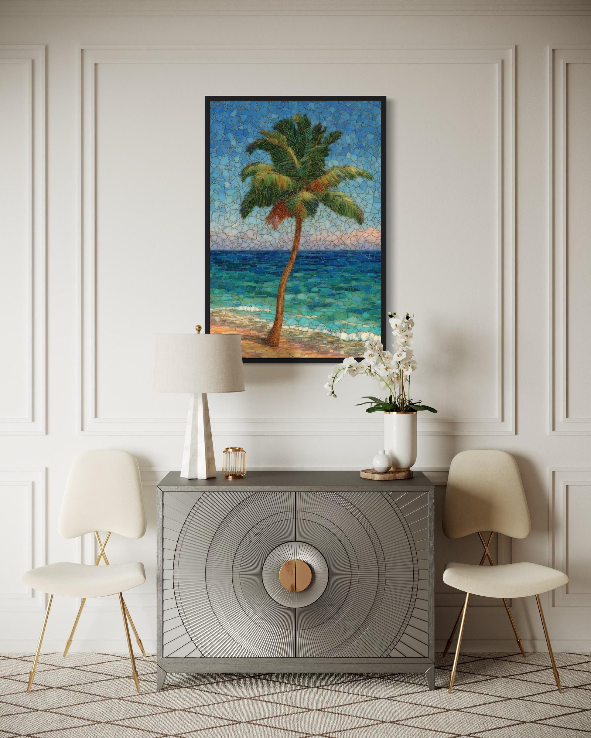Stained Glass Style Palm Tree On The Beach Canvas Wall Art