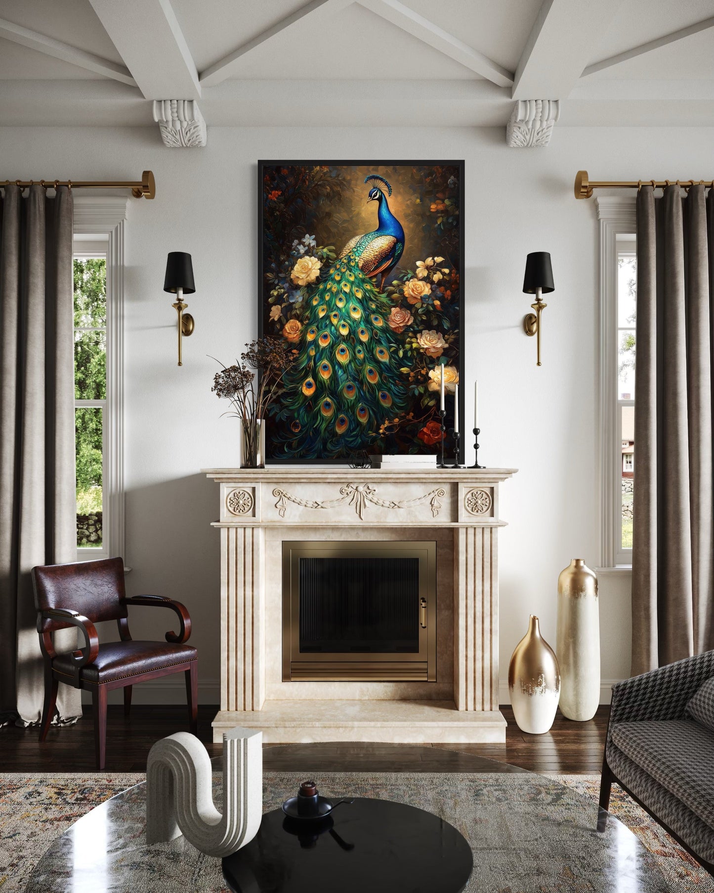 Stained Glass Style Peacock Framed Canvas Wall Art