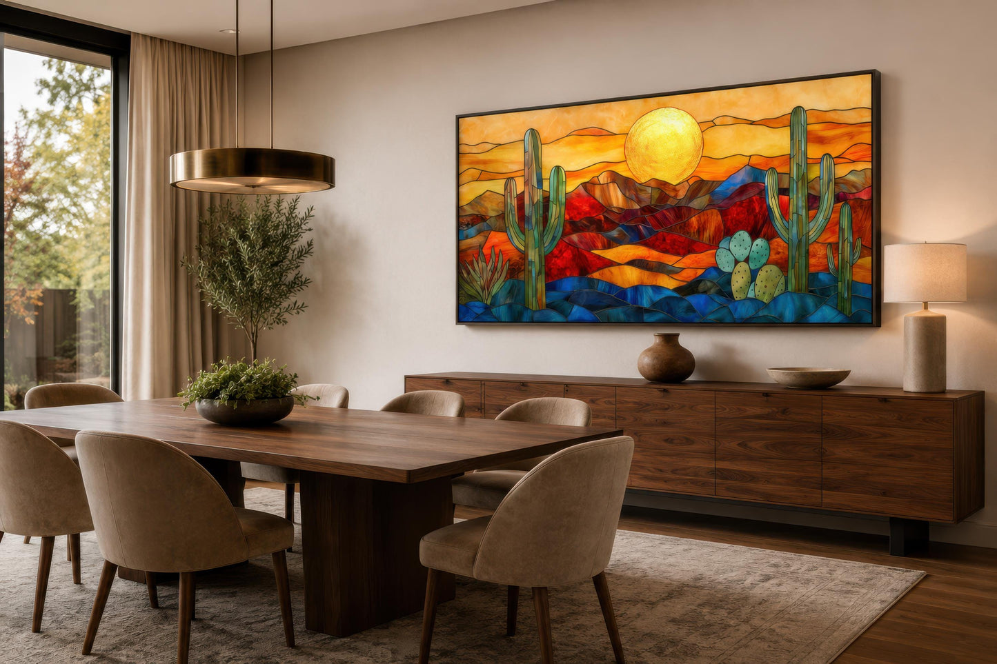 Stained Glass Style Sonoran Desert Wall Art | Extra Large Framed Arizona Landscape