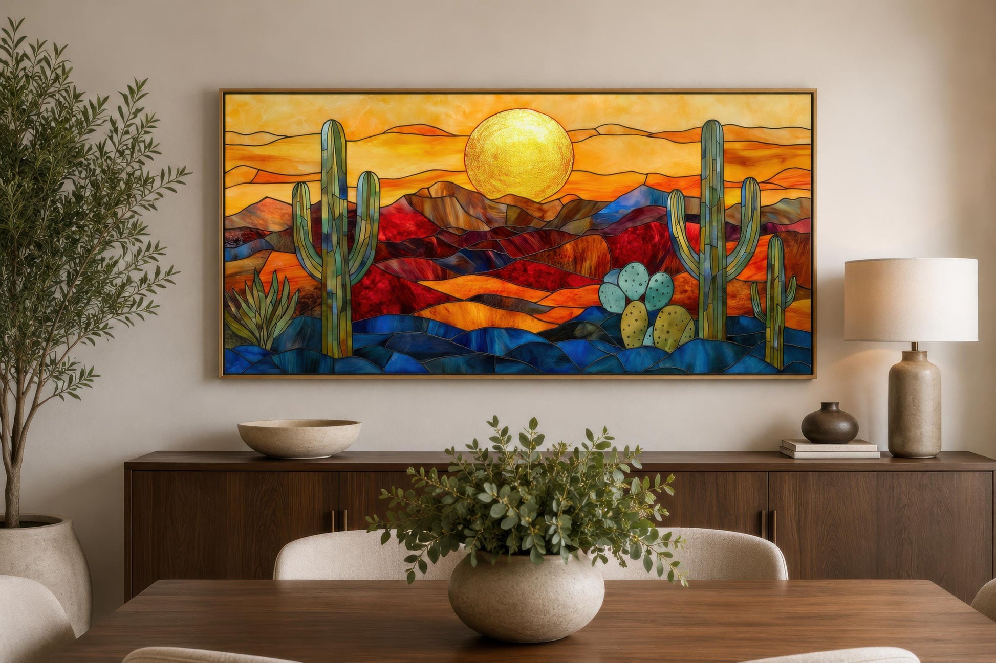 Stained Glass Style Sonoran Desert Wall Art | Extra Large Framed Arizona Landscape