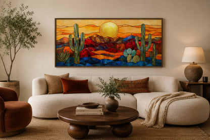 Stained Glass Style Sonoran Desert Wall Art | Extra Large Framed Arizona Landscape