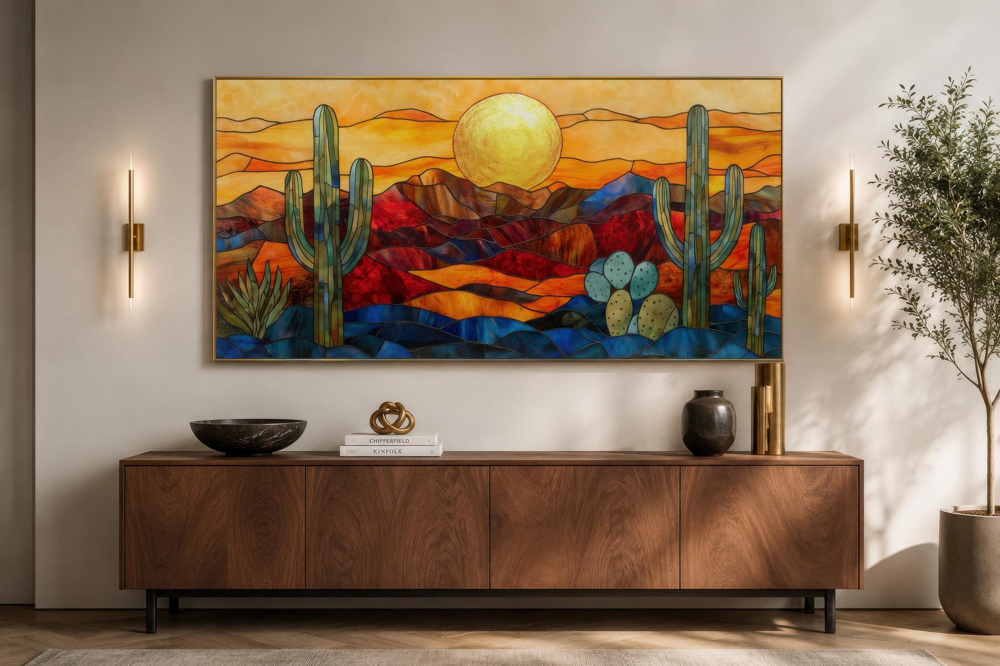 Stained Glass Style Sonoran Desert Wall Art | Extra Large Framed Arizona Landscape