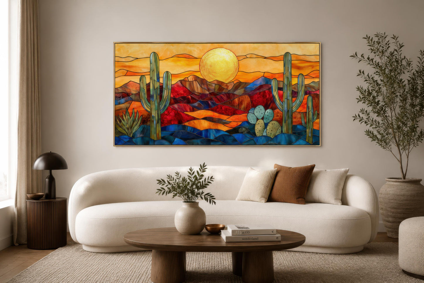 Stained Glass Style Sonoran Desert Wall Art | Extra Large Framed Arizona Landscape