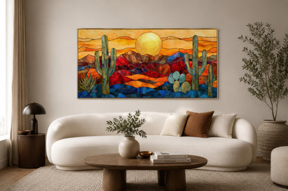Stained Glass Style Sonoran Desert Wall Art | Extra Large Framed Arizona Landscape