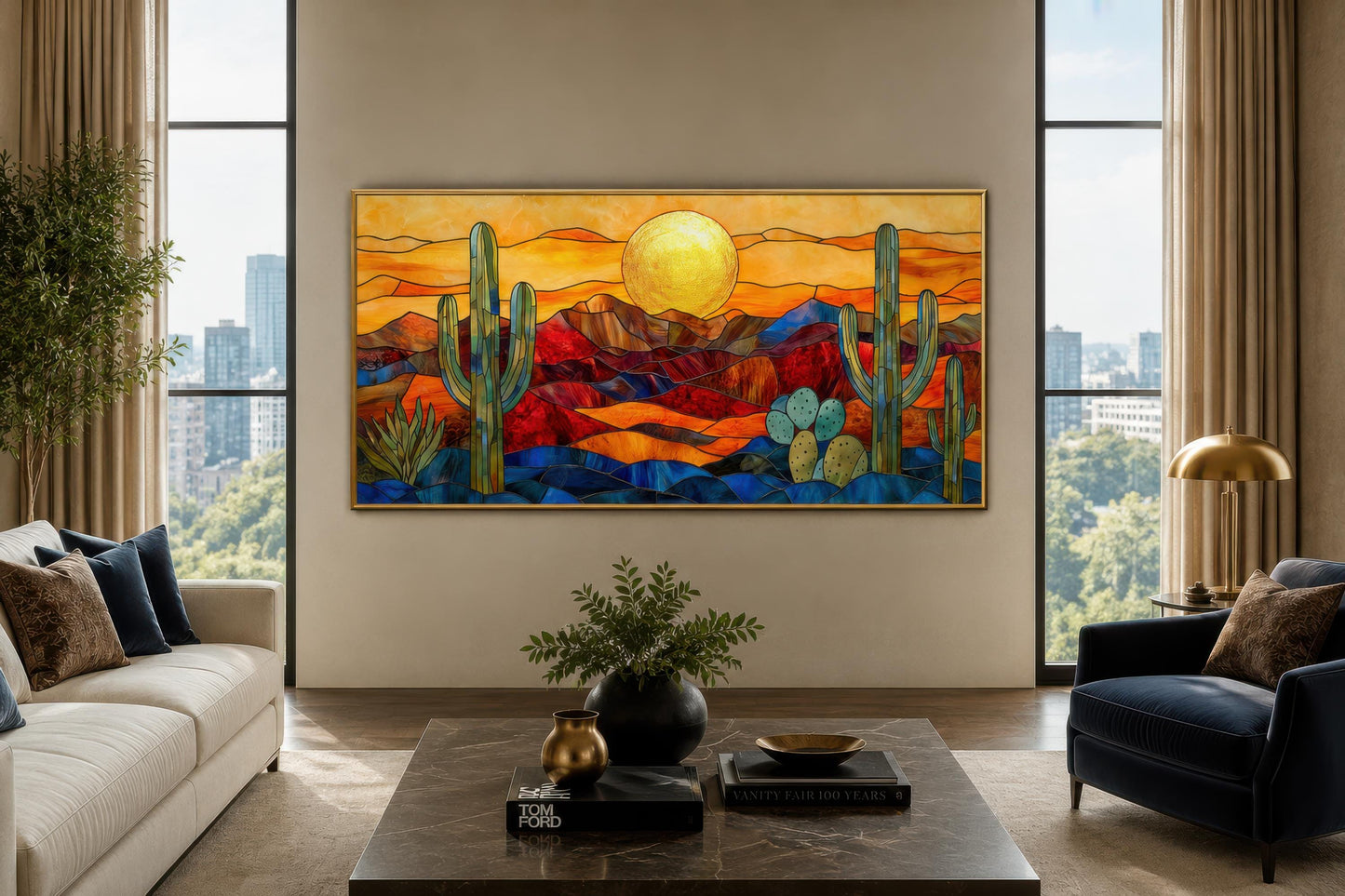 Stained Glass Style Sonoran Desert Wall Art | Extra Large Framed Arizona Landscape
