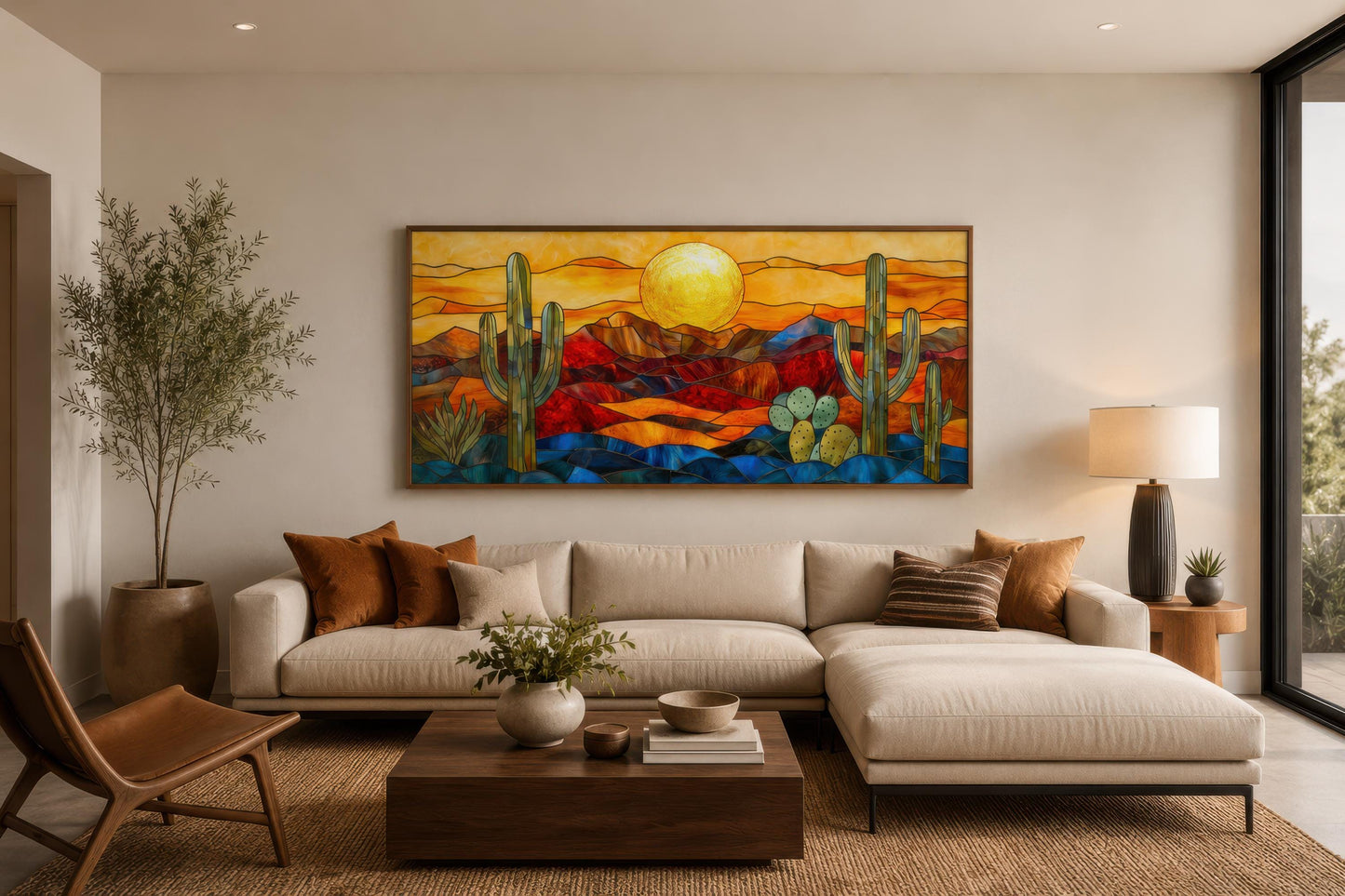 Stained Glass Style Sonoran Desert Wall Art | Extra Large Framed Arizona Landscape