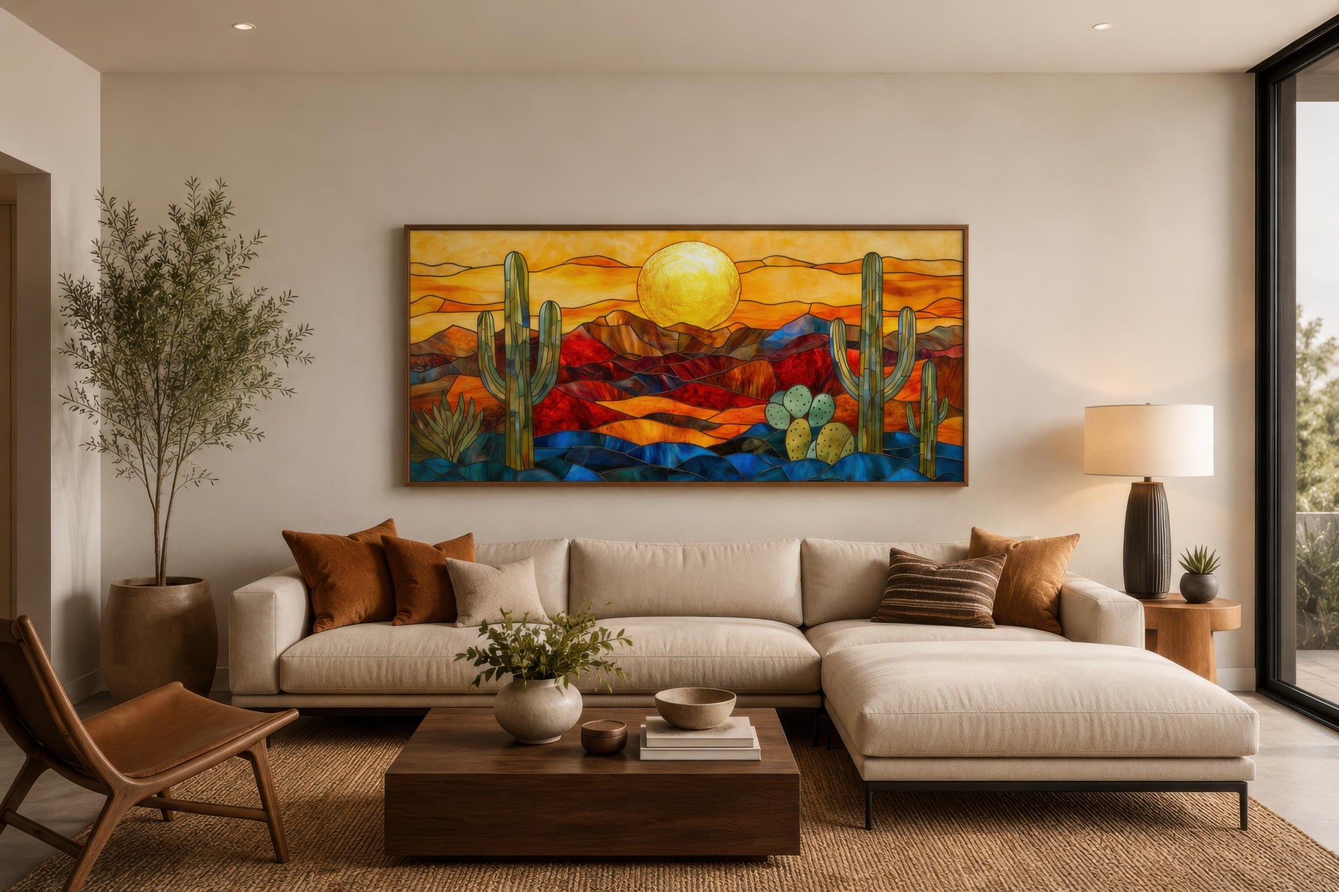 Stained Glass Style Sonoran Desert Wall Art | Extra Large Framed Arizona Landscape