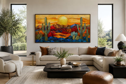Stained Glass Style Sonoran Desert Wall Art | Extra Large Framed Arizona Landscape