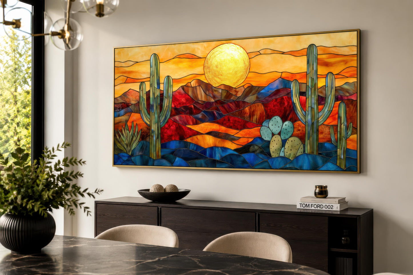 Stained Glass Style Sonoran Desert Wall Art | Extra Large Framed Arizona Landscape