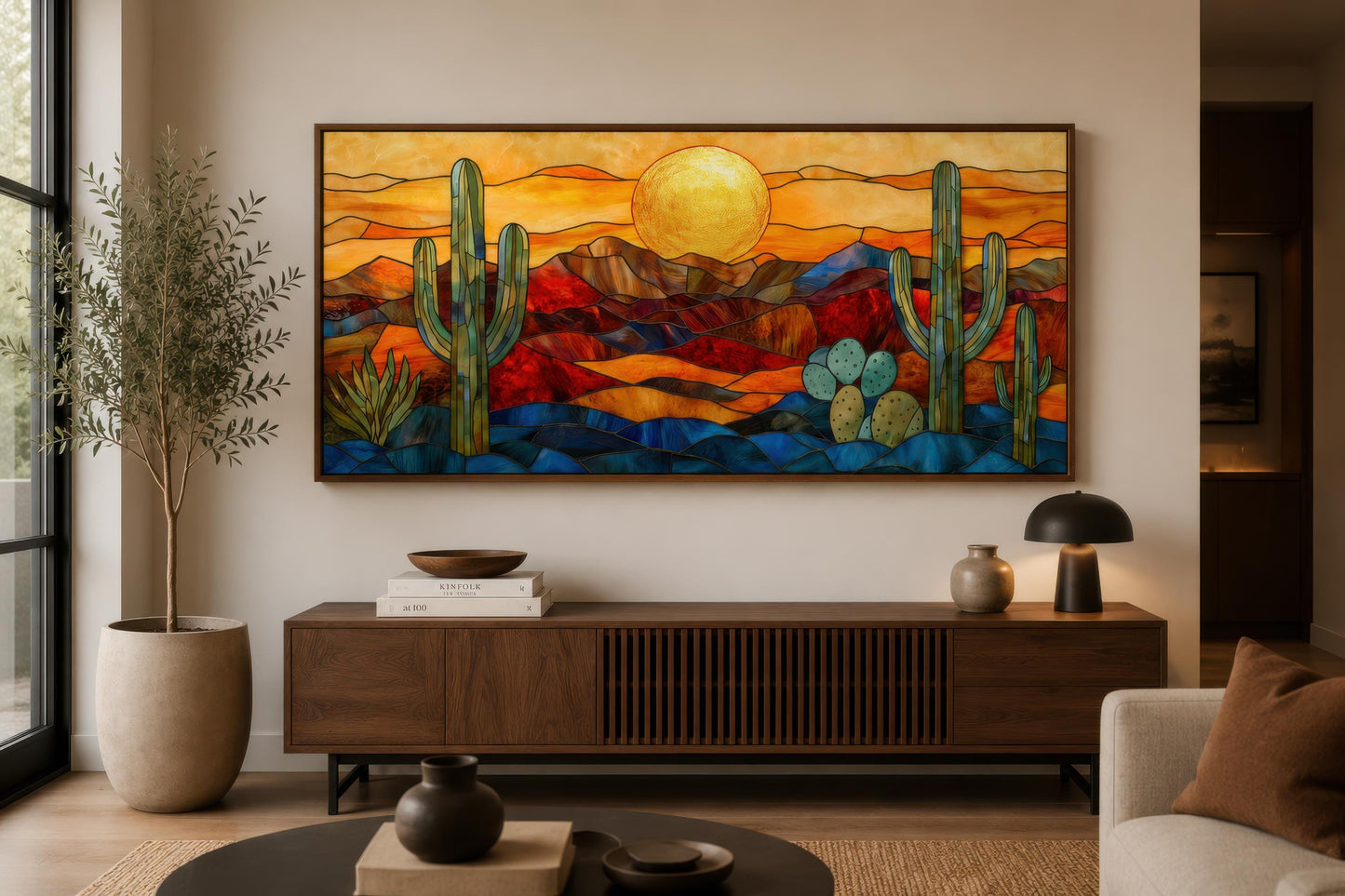 Stained Glass Style Sonoran Desert Wall Art | Extra Large Framed Arizona Landscape