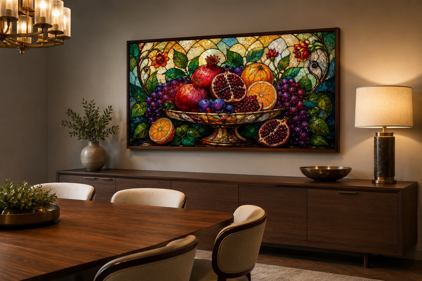 Fruit Bowl With Pomegranates and Grapes Stained Glass Style Modern Dining Room Wall Art
