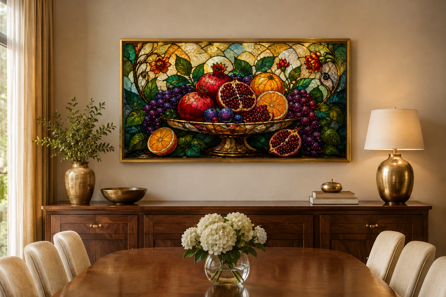 Fruit Bowl With Pomegranates and Grapes Stained Glass Style Modern Dining Room Wall Art