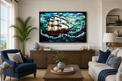 Pirate Ship Stained Glass Style Framed Canvas Wall Art