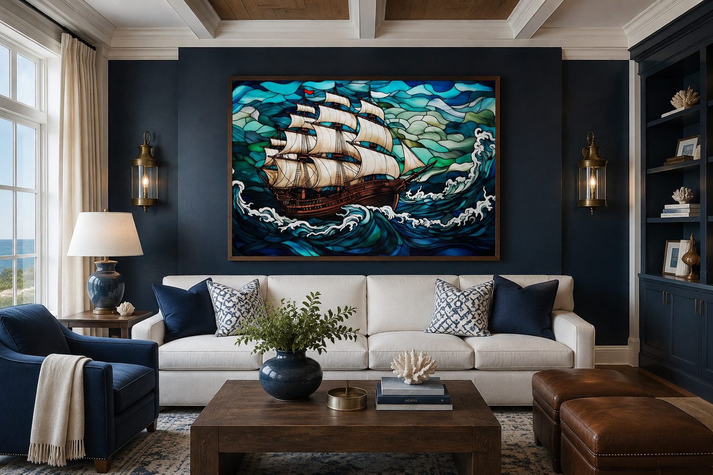 Pirate Ship Stained Glass Style Framed Canvas Wall Art