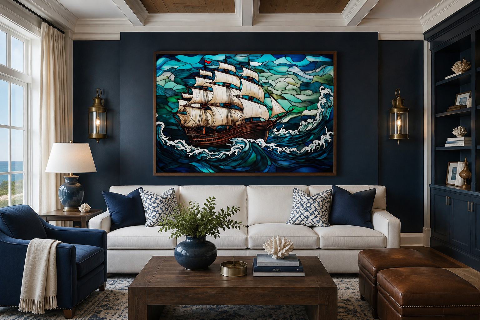 Pirate Ship Stained Glass Style Framed Canvas Wall Art