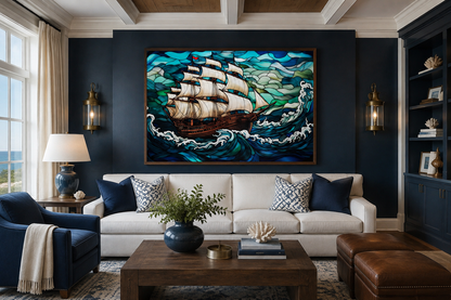 Pirate Ship Stained Glass Style Framed Canvas Wall Art