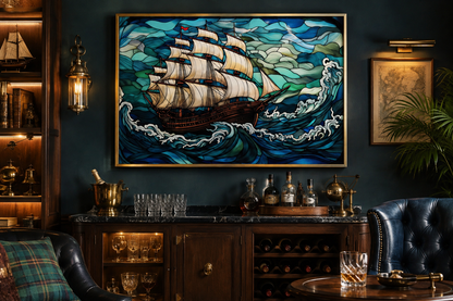 Pirate Ship Stained Glass Style Framed Canvas Wall Art