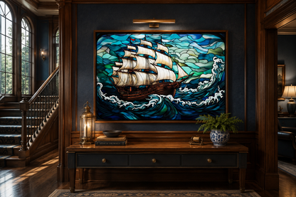 Pirate Ship Stained Glass Style Framed Canvas Wall Art