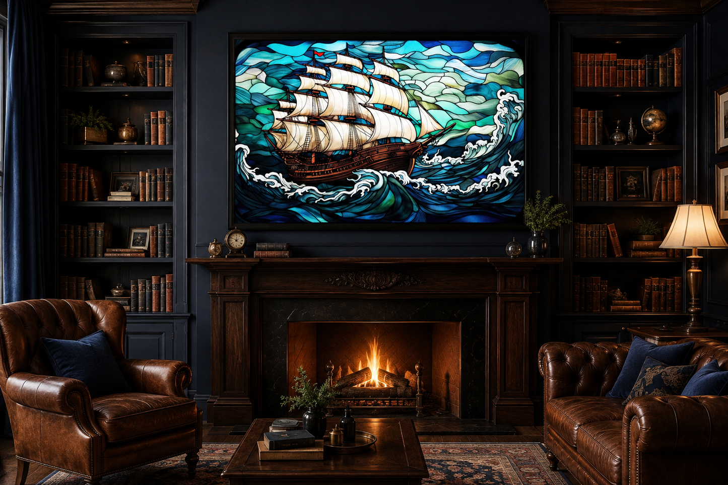 Pirate Ship Stained Glass Style Framed Canvas Wall Art