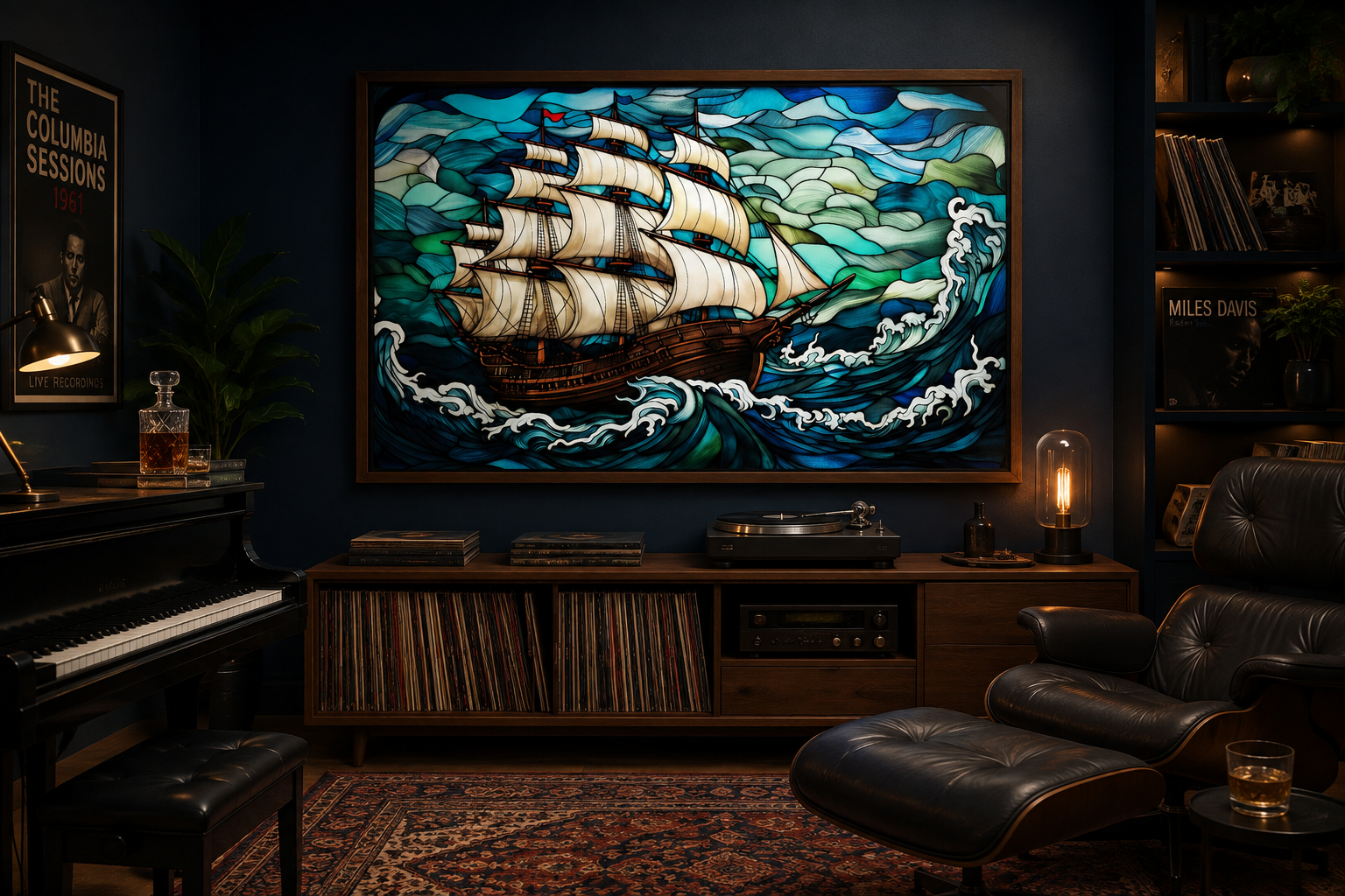 Pirate Ship Stained Glass Style Framed Canvas Wall Art