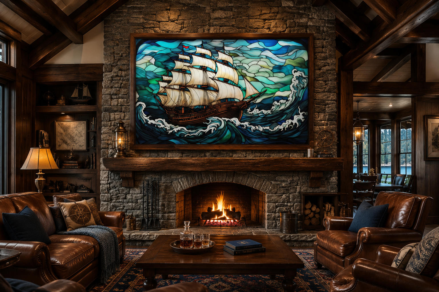 Pirate Ship Stained Glass Style Framed Canvas Wall Art