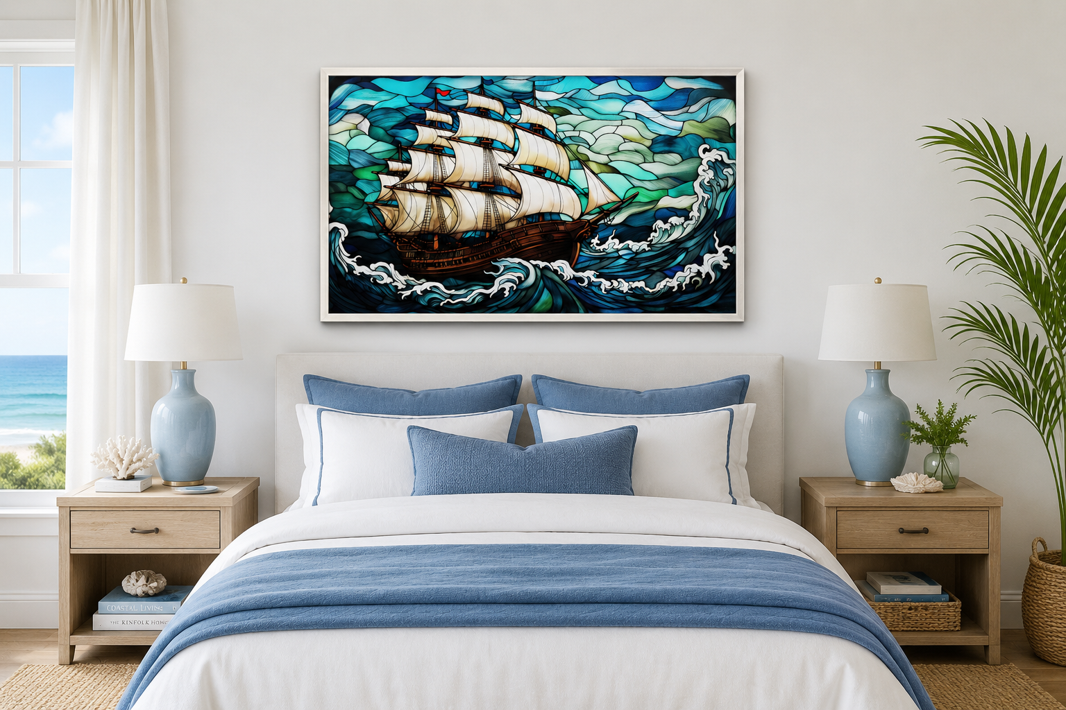 Pirate Ship Stained Glass Style Framed Canvas Wall Art