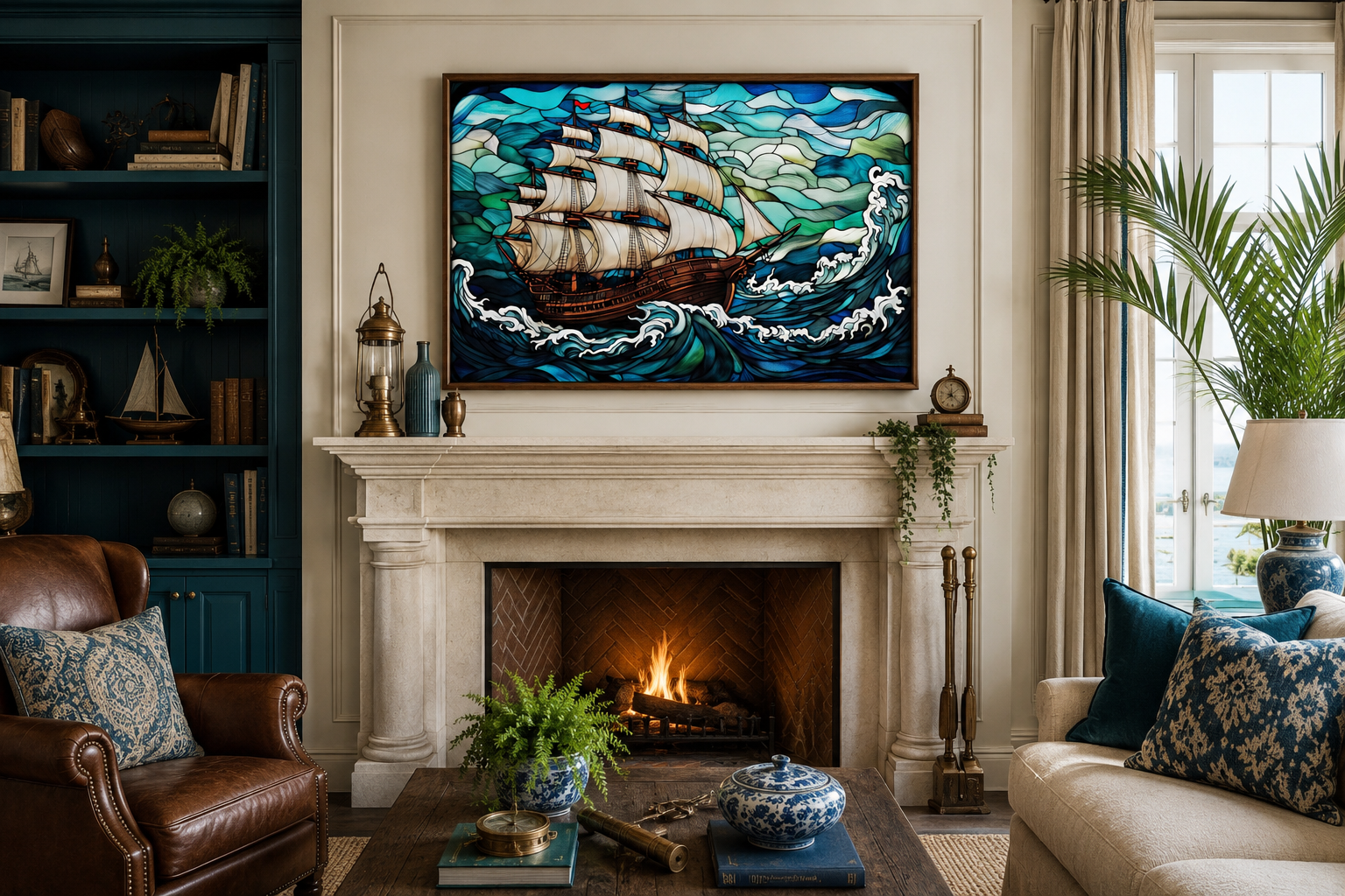Pirate Ship Stained Glass Style Framed Canvas Wall Art