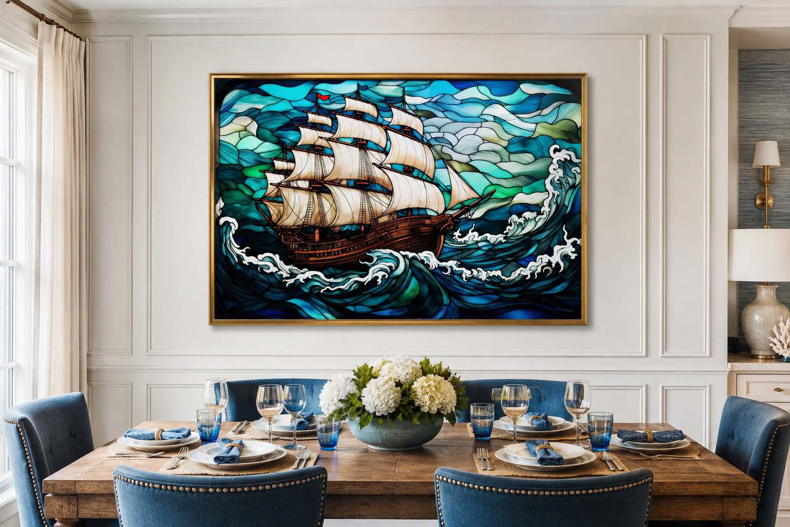 Pirate Ship Stained Glass Style Framed Canvas Wall Art