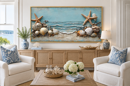 Starfish And Seashells Framed Beach House Canvas Wall Art