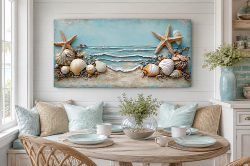 Starfish And Seashells Framed Beach House Canvas Wall Art