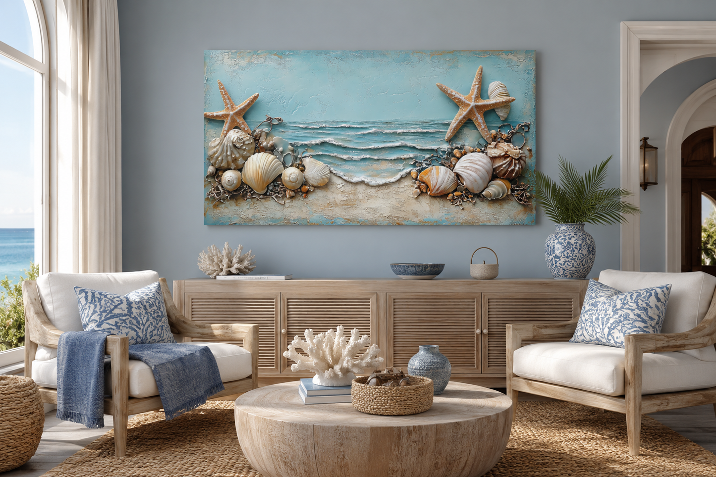 Starfish And Seashells Framed Beach House Canvas Wall Art