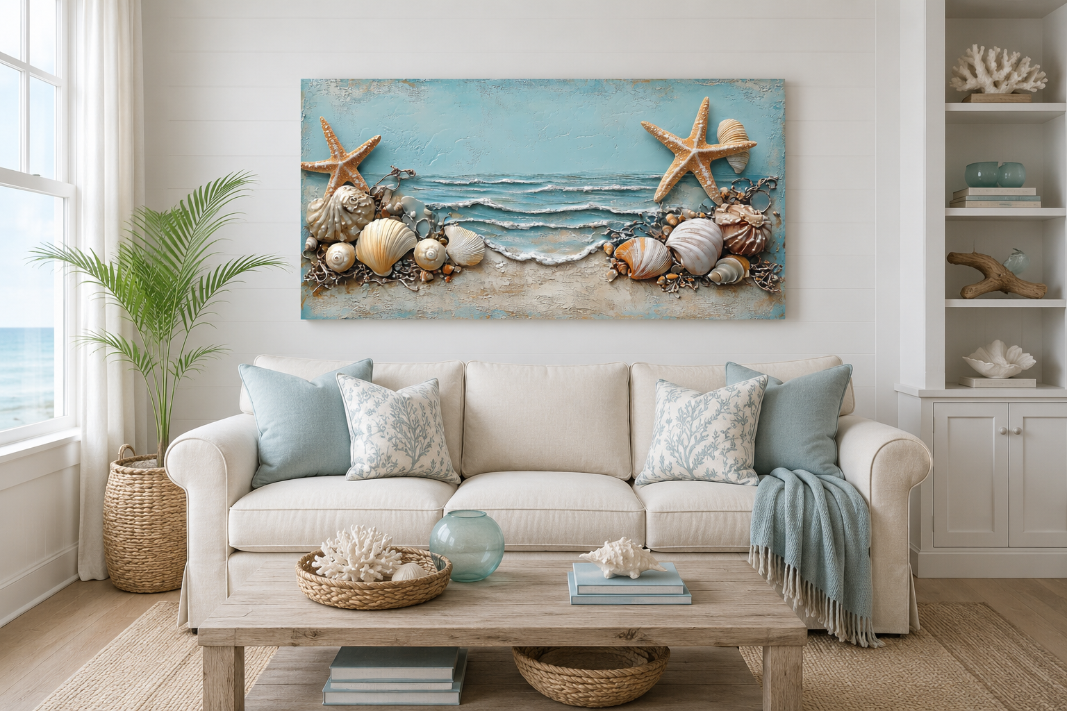 Starfish And Seashells Framed Beach House Canvas Wall Art