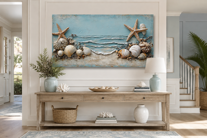 Starfish And Seashells Framed Beach House Canvas Wall Art