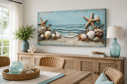 Starfish And Seashells Framed Beach House Canvas Wall Art