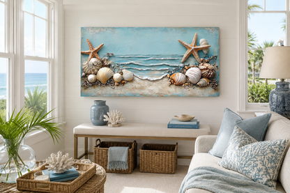 Starfish And Seashells Framed Beach House Canvas Wall Art