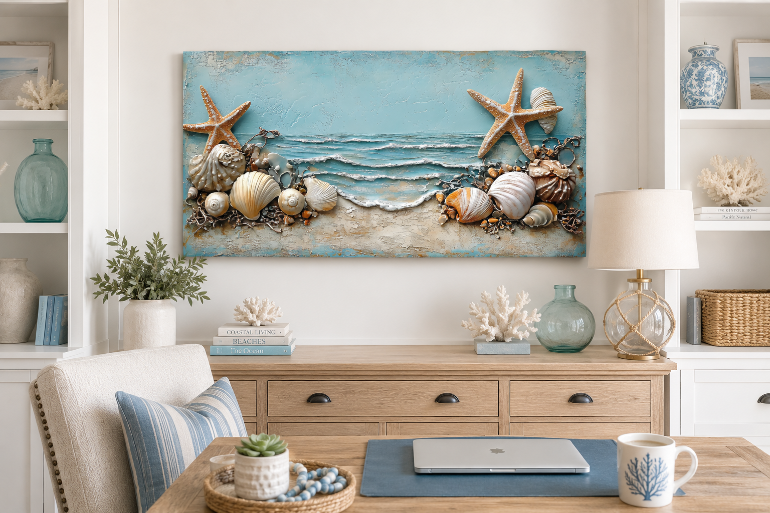 Starfish And Seashells Framed Beach House Canvas Wall Art
