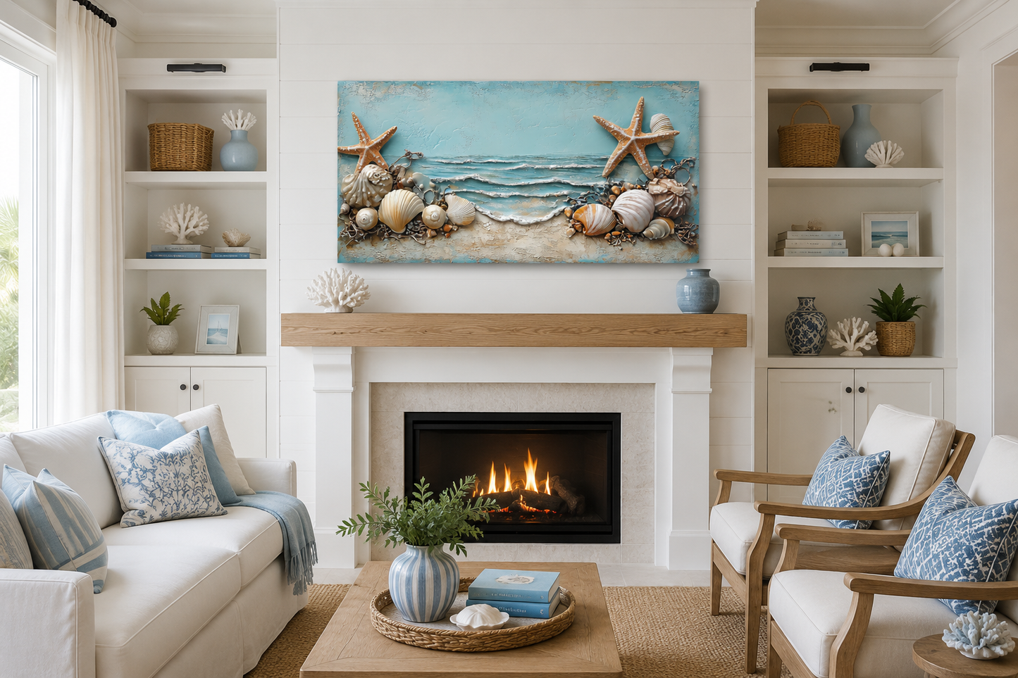 Starfish And Seashells Framed Beach House Canvas Wall Art
