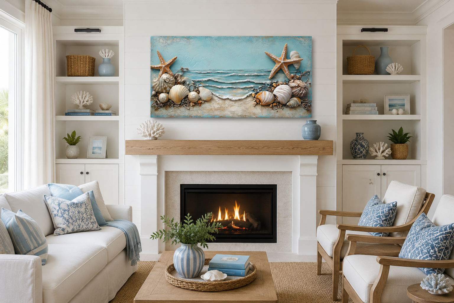 Starfish And Seashells Framed Beach House Canvas Wall Art