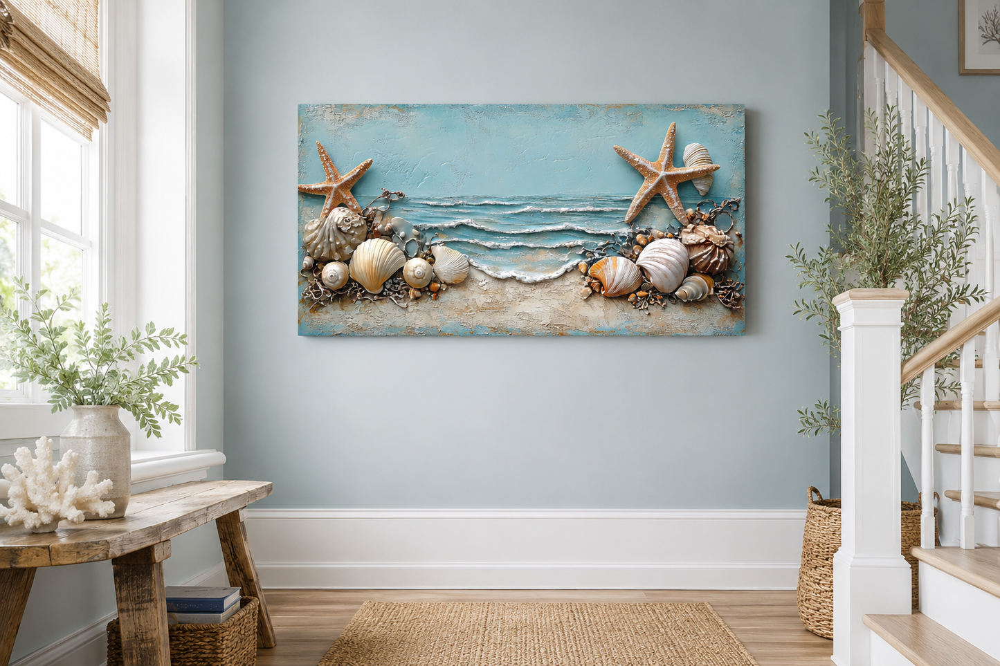 Starfish And Seashells Framed Beach House Canvas Wall Art