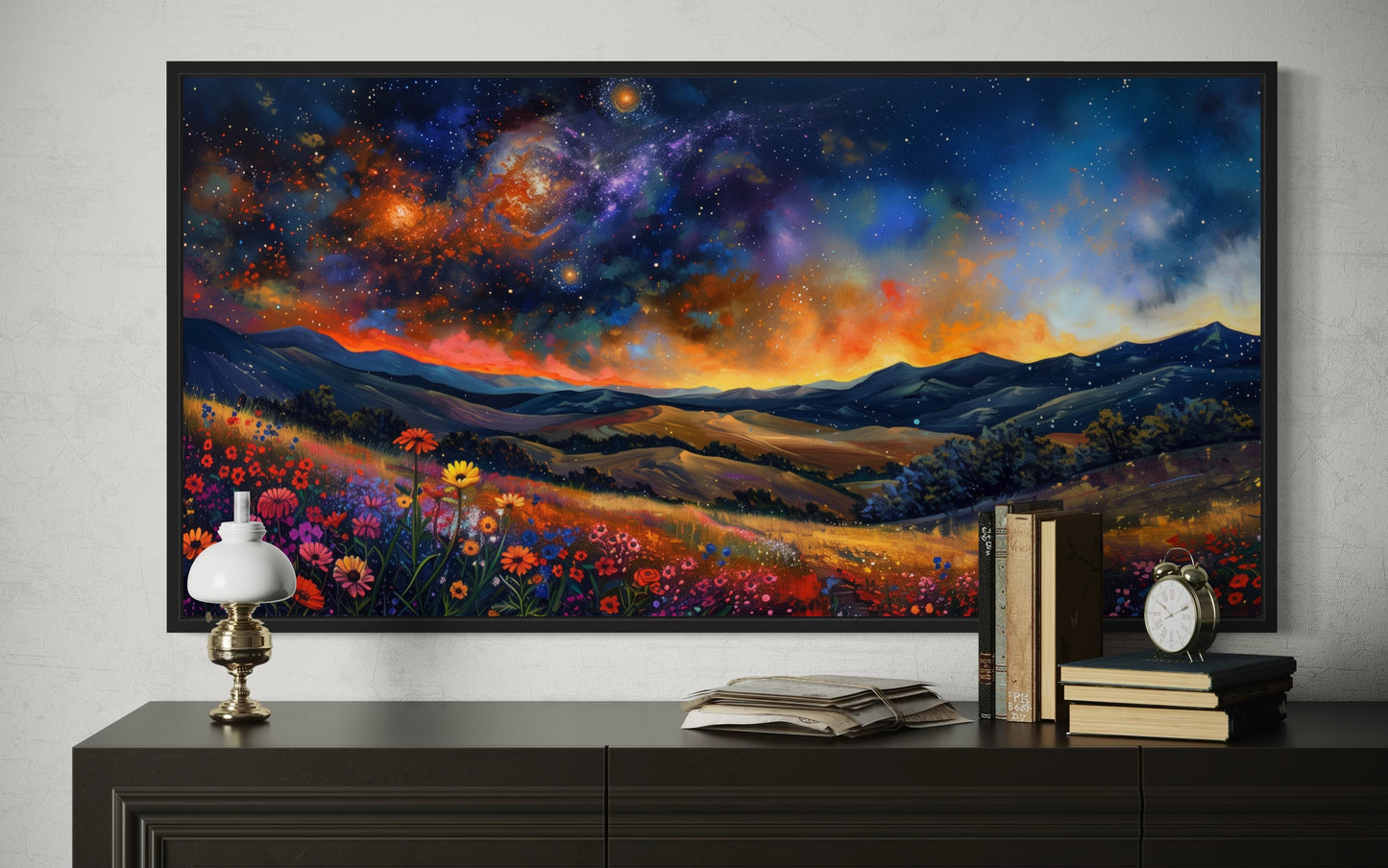 Starry Night Canvas Art - Framed Wildflower Meadow Print | Rustic Home Wall Decor