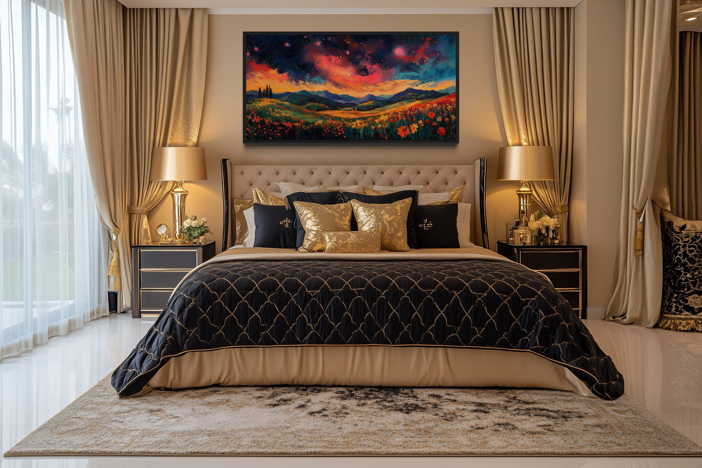 Starry Night Sky Over Wildflower Fields and Mountains Framed Canvas Wall Art