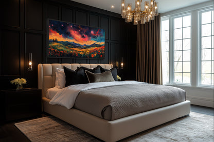 Starry Night Sky Over Wildflower Fields and Mountains Framed Canvas Wall Art