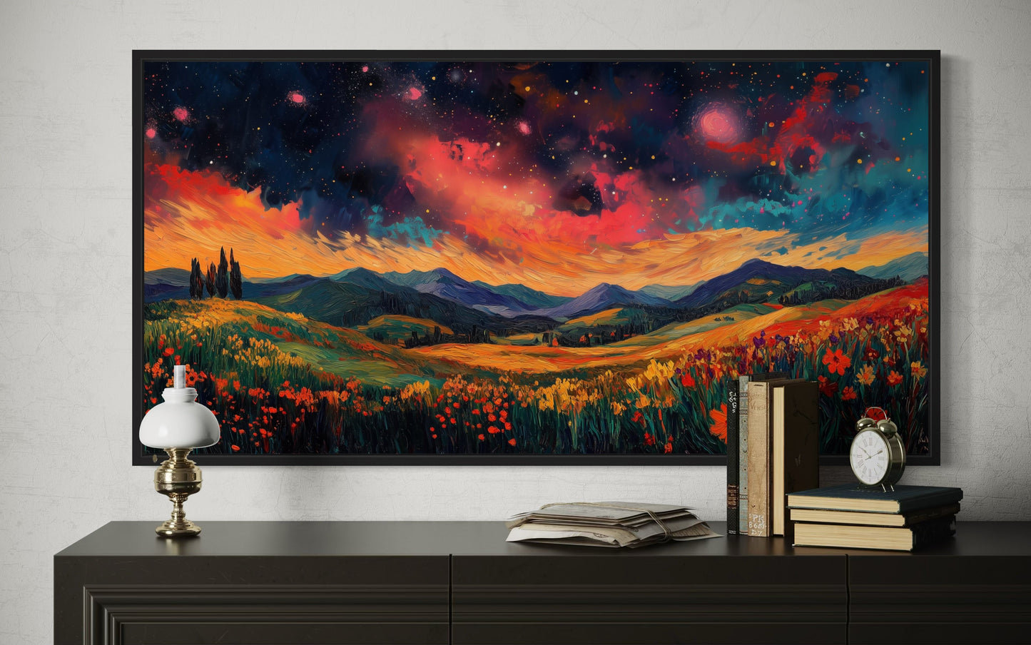 Starry Night Sky Over Wildflower Fields and Mountains Framed Canvas Wall Art