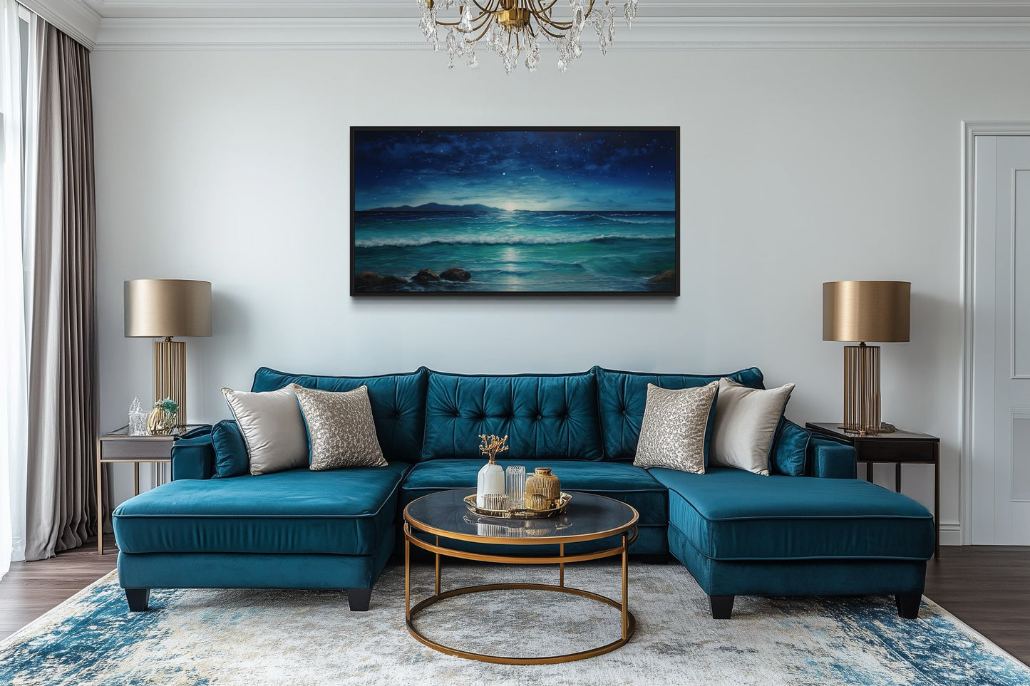 Starry Night Wall Art - Framed Canvas Coastal Ocean Beach Decor for Bedroom