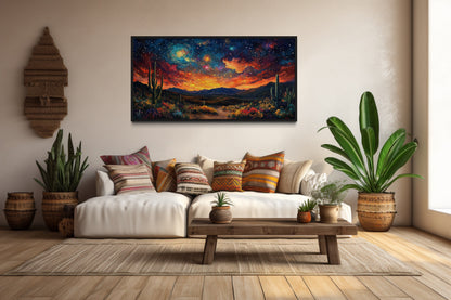 Starry Sky Over Desert Framed Canvas Wall Wall, Colorful Southwestern Wall Decor