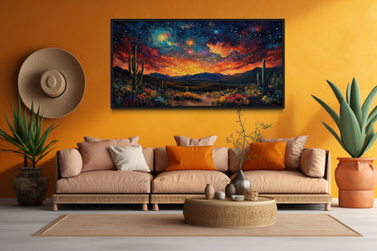Starry Sky Over Desert Framed Canvas Wall Wall, Colorful Southwestern Wall Decor