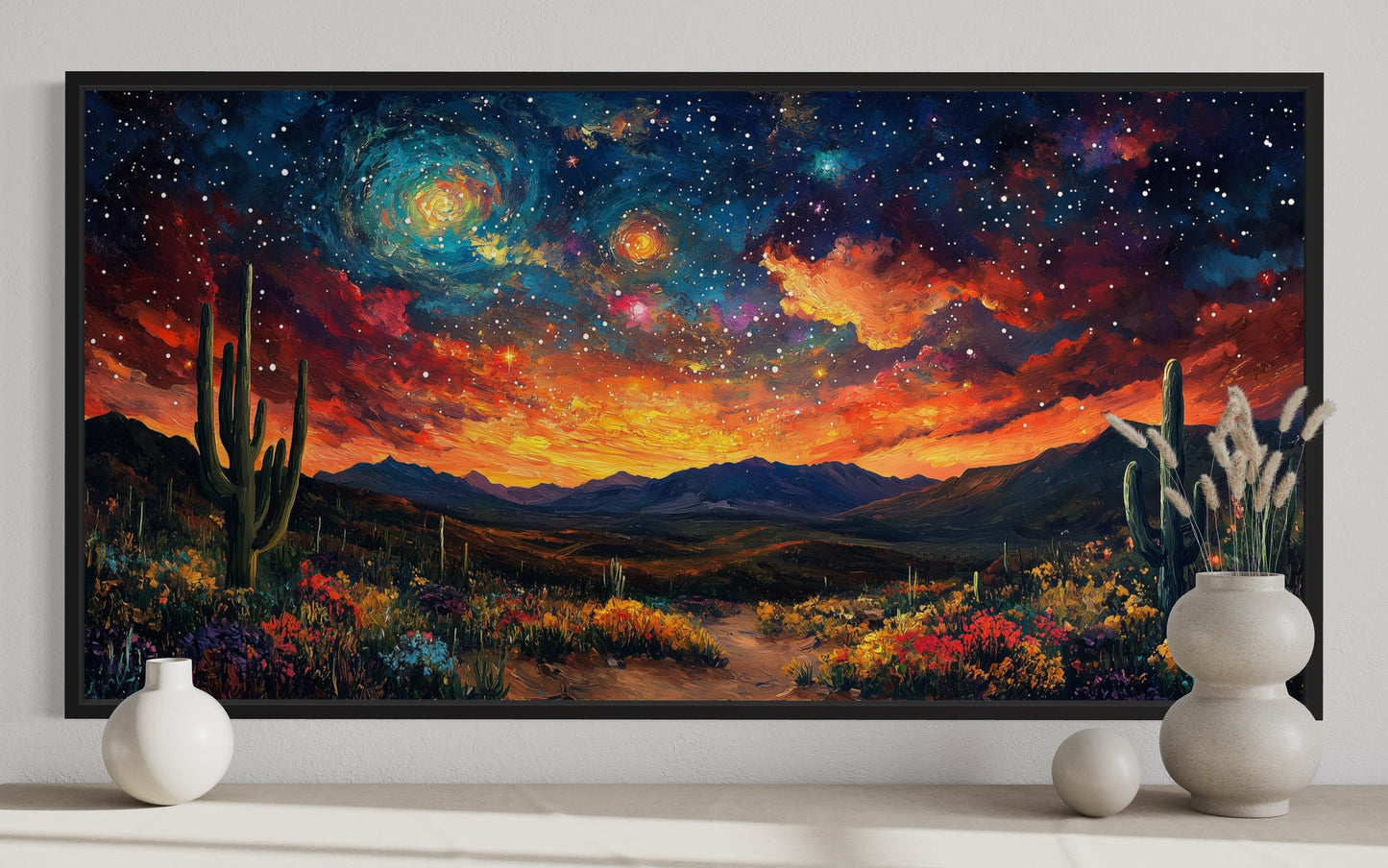 Starry Sky Over Desert Framed Canvas Wall Wall, Colorful Southwestern Wall Decor