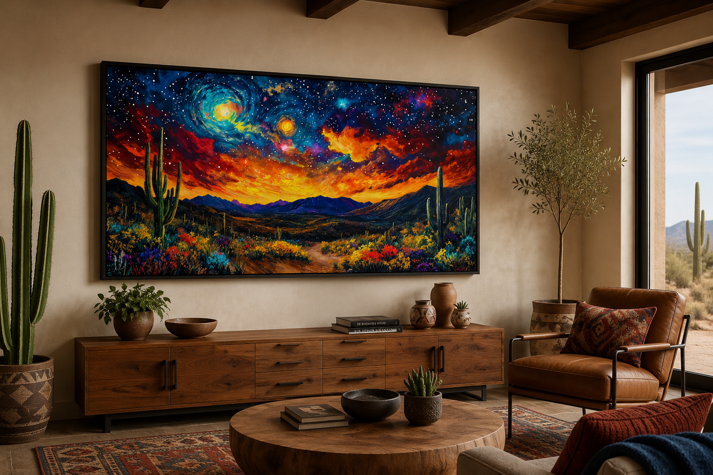 Starry Sky Over Desert Framed Canvas Wall Wall, Colorful Southwestern Wall Decor