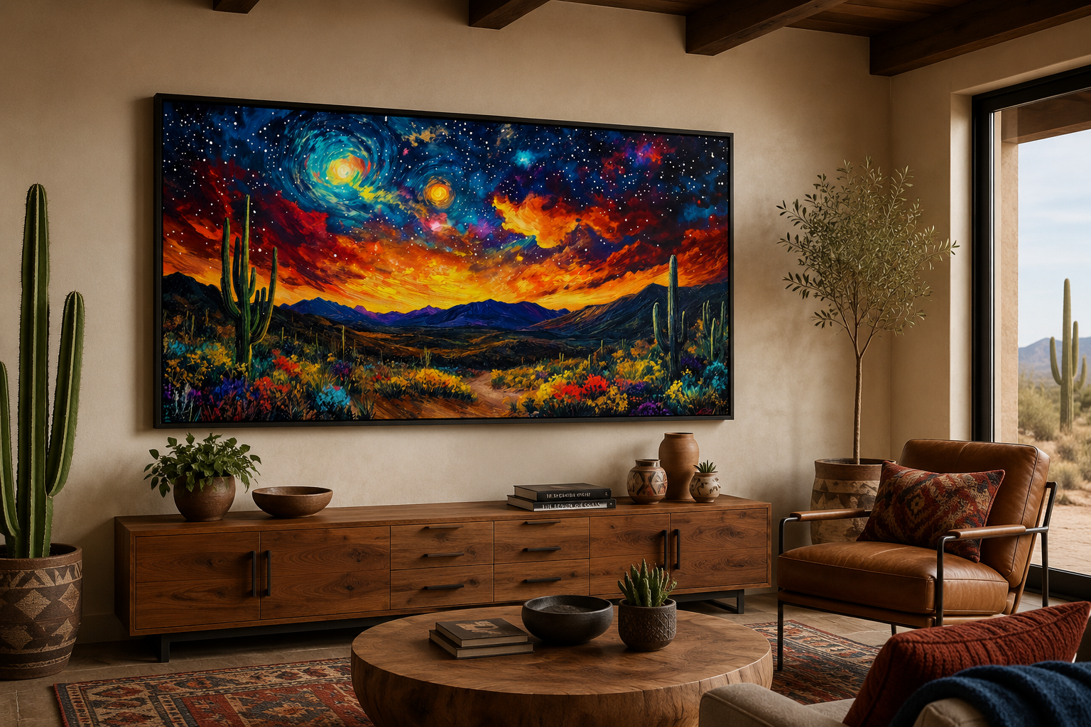 Starry Sky Over Desert Framed Canvas Wall Wall, Colorful Southwestern Wall Decor